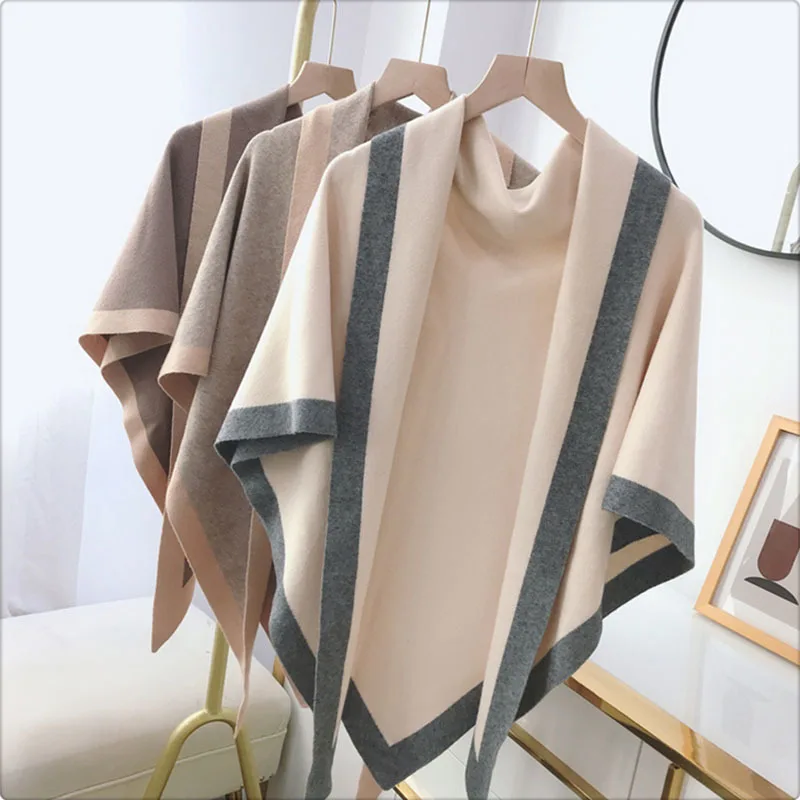 Women Wool Blend Cashmere Knitted Solid Color Triangular Shawl with Contrast Border Stole Wrap Scarf 7 Colors Dropshipping