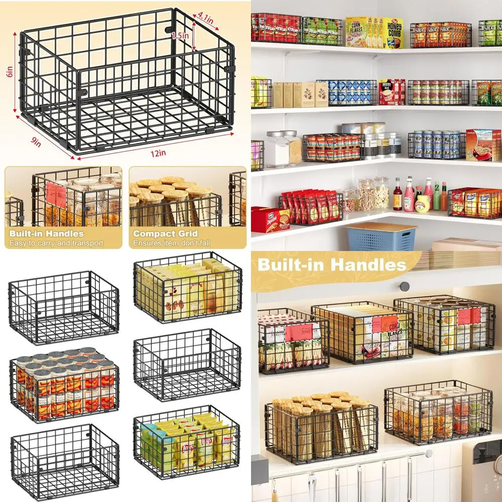 

Металлические корзины для кладовой, складные органайзеры для шкафов с ручками - набор из 6 штук - 12x9x6 дюймов, для хранения продуктов, органайзеры для морозильной камеры