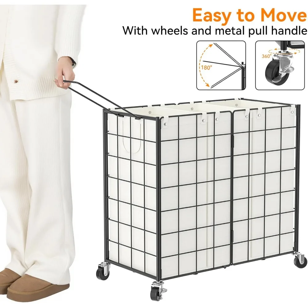 Rolling Metal Wire Laundry Hamper with 3 Removable Bags, 150L Capacity for Dirty Clothes Storage Solutions
