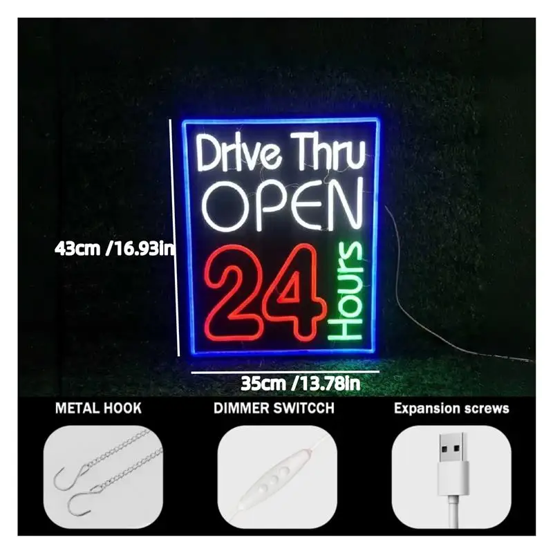 Drive Thru Açık 24 Saat Neon T - Decor Lighting Opening Hours incelemesi ve fiyatı