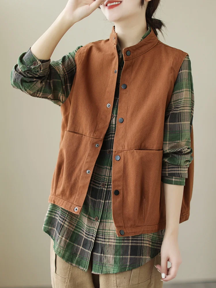

Loose Women's Svel Vest Top Button Stand Collar Retro Sle Casual Outerwear Pure Color Commute Sle Autumn Collection