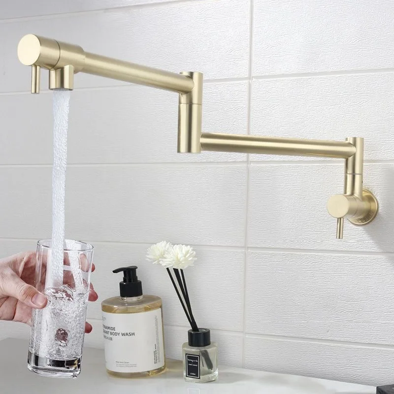 Brushed Gold Double Switch Stove Faucet Kitchen In-Wall Folding Spout Single Cold Water Tap Mop Sink Extension Pot Filler Faucet