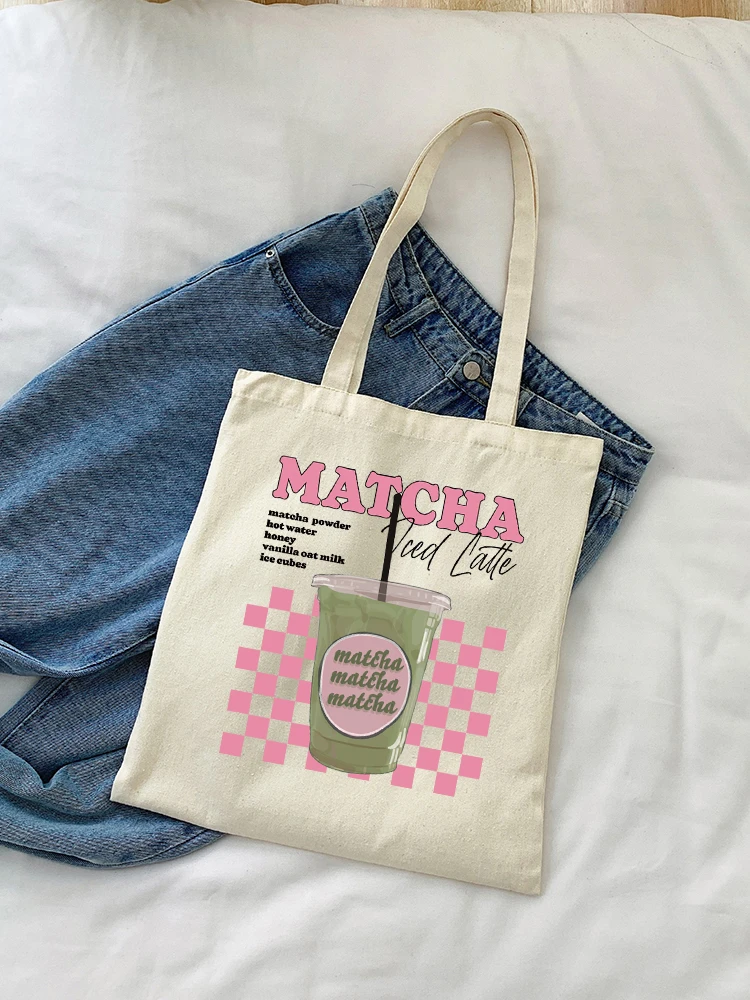 1pcs Matcha Latte Pattern Tote Bag Canvas Shoulder Bag for Travel Daily Commute Women Reusable Shopping Bag Matcha Lover Gift R