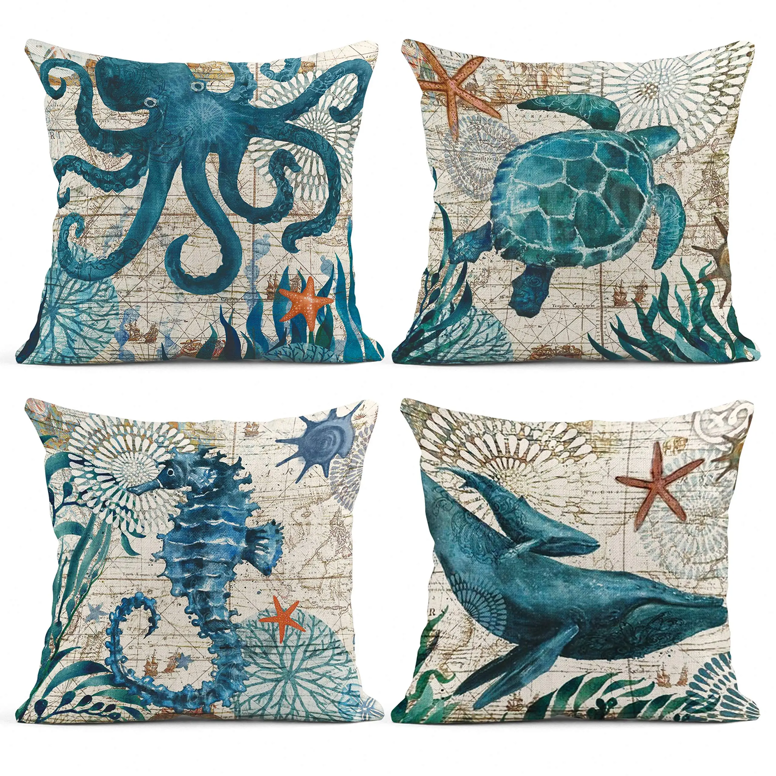 Funda de almohada de lino con diseño de ballena, pulpo, caballito de mar, decoración del hogar, sala de estar, sofá, 40x40