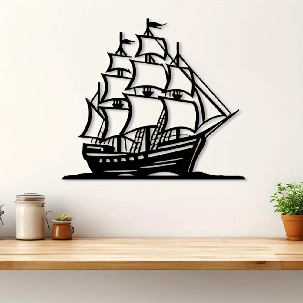 CIFBUY Vintage Iron Pirate Ship Wall Art, Rustic Metal Nautical Sculpture, Coastal Beach Home Decor Hook