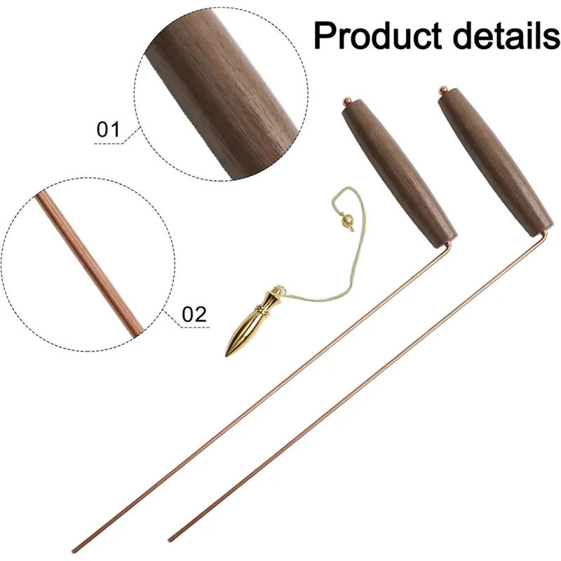 ABKQ-Kit de varilla de adivinación de latón con mango de nogal, varillas de radiestesia de cobre, péndulo para detección de agua y minerales, juego de herramientas de detección de metales