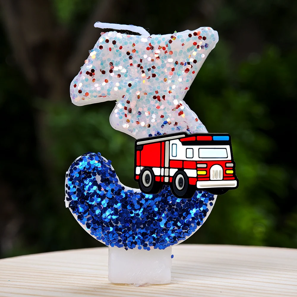 Glitzer-Pailletten Feuerwehrauto Zahlenkerze Cartoon-Feuerwehrauto Tortendekoration für Jungen Kindergeburtstag Babyparty Themen-Dekoration – Detail 4