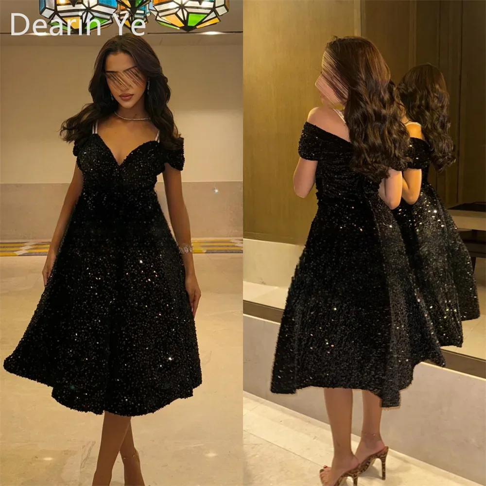 

Customized Prom Dress Formal Evening Gown Dearin Off-the-shoulder A-line Tea Length Skirts Draped Sequin Bespoke Occasion Dresse