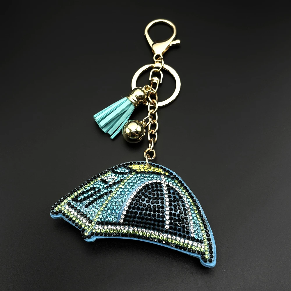 Fashion Tent Keyring For Women Men Full Crystal Blue Tassel Outdoor Camping Enthusiasts Backpack Decor Gifts Jewelry