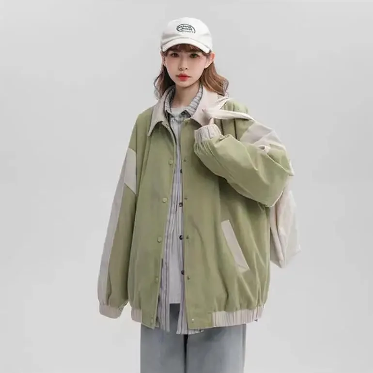 Green Corduroy Jacket For Women Chic Korean Style Niche Work Clothing Color Block Trendy Baseball Uniform Sensible Design