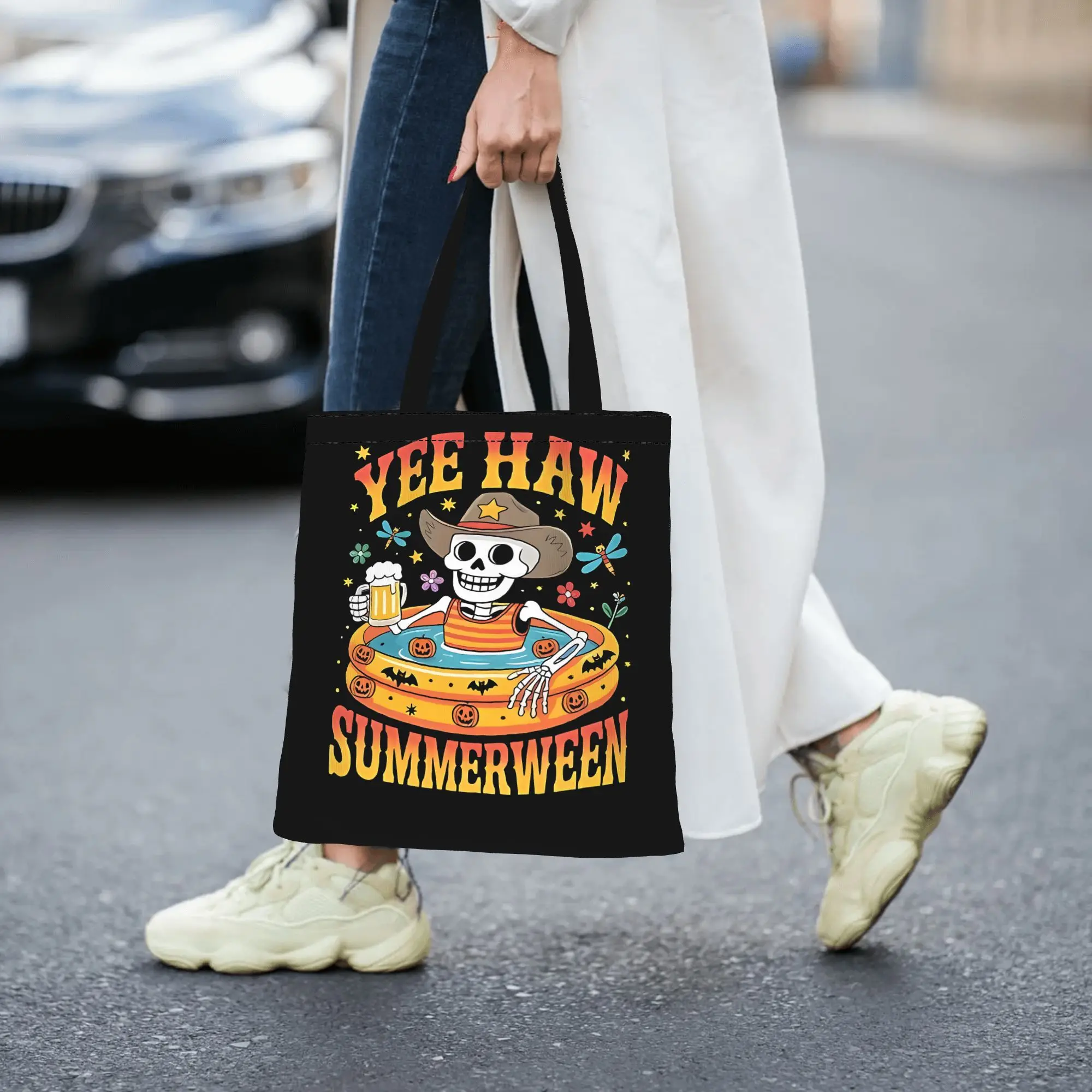 Reusable Trendy Yee Haw Summerween Cowboy Skeleton Western Halloween Shopping Bag Women Tote Bag Portable  Shopper Bags