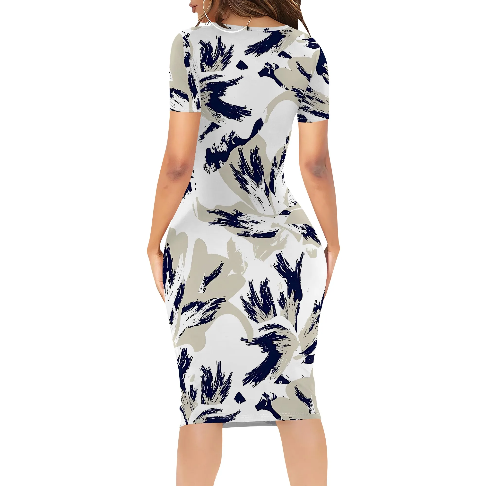 EQQZD 夏カジュアル半袖ドレス、エレガントな女性のリーフプリント V ネックボディコンドレス、ボヘミアンファッション膝丈ドレス