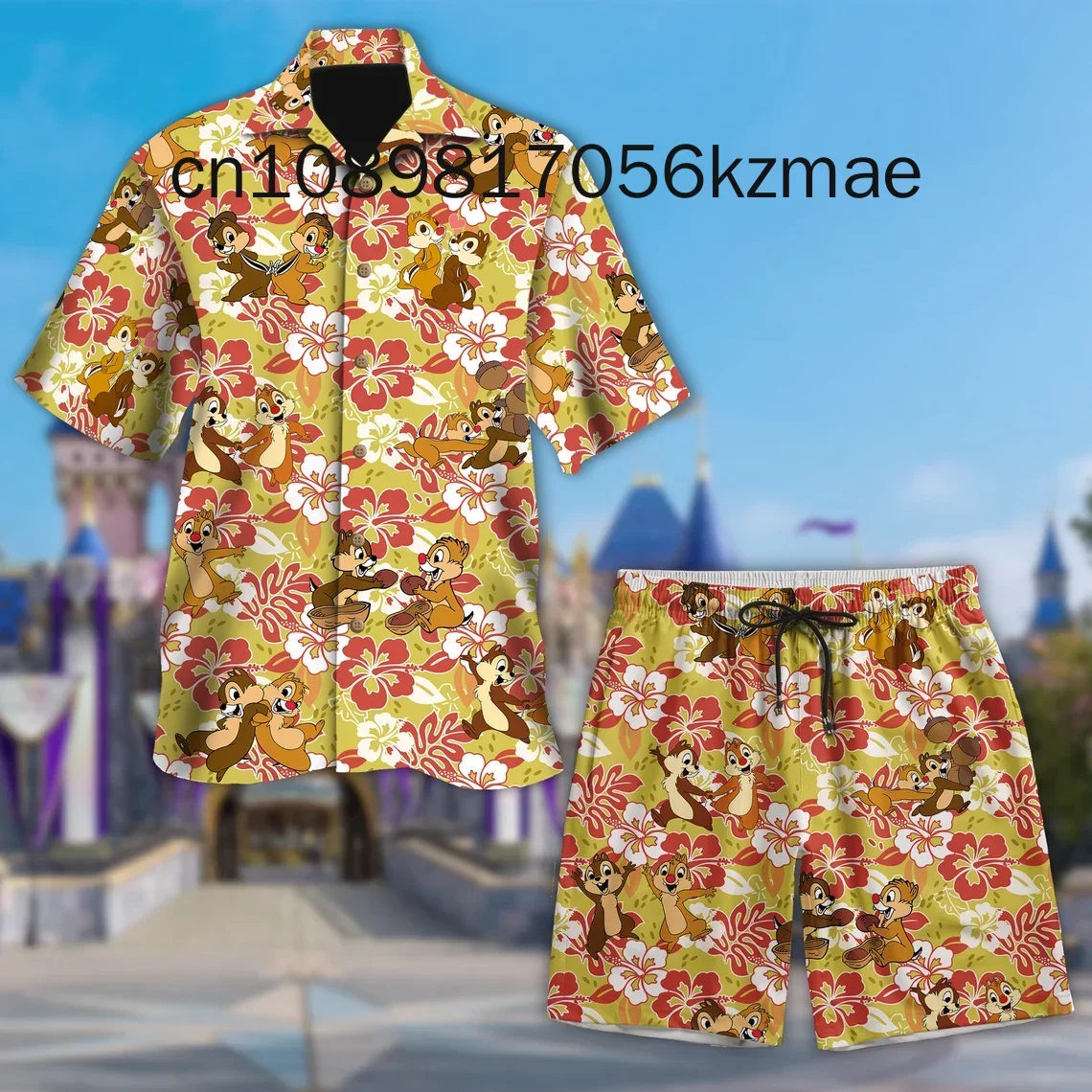 

Disney Chip and Dale Hawaiian Shirt Shorts Set Disney Leisure Beach Vacation Short Sleeve Set Beach Retro Button Shirt