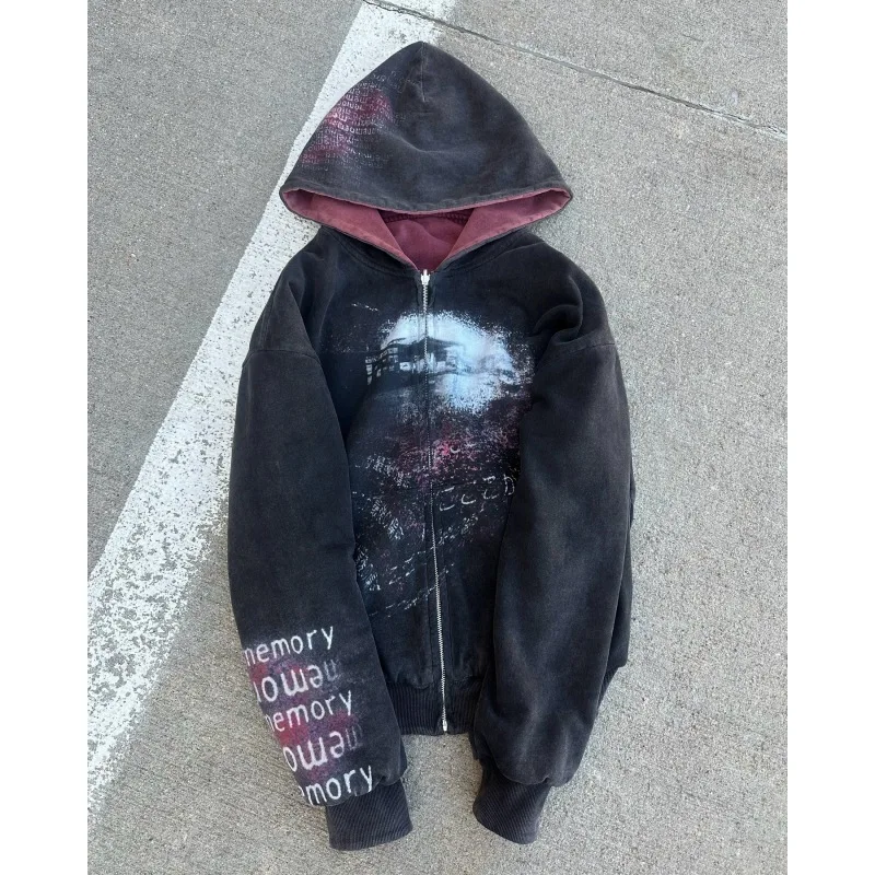 European and American autumn double-sided hooded zipper fashion trend, personalized American print splicing y2k hoodie