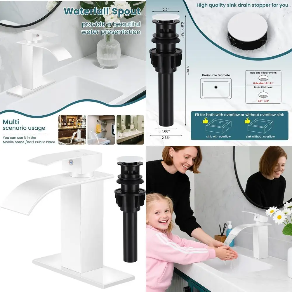 

Modern White Waterfall Single Handle Bathroom Sink Faucet with Pop-up Drain and Hoses for 1 or 3 Hole Installation