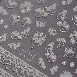 1pcs 5D Diamond Japanese White Lace Bow Nail Art Stickers Pearl Rhinestones Nail Decoration Adhesive Decals Slider DIY Accessory