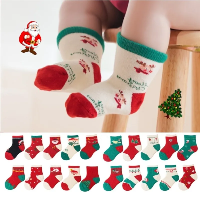 5 Pairs Baby Christmas Socks Kids Boy Girl Autumn Winter Cotton Socks NewBorn Toddler Children\'s Soft Floor Socks 0-6 Years