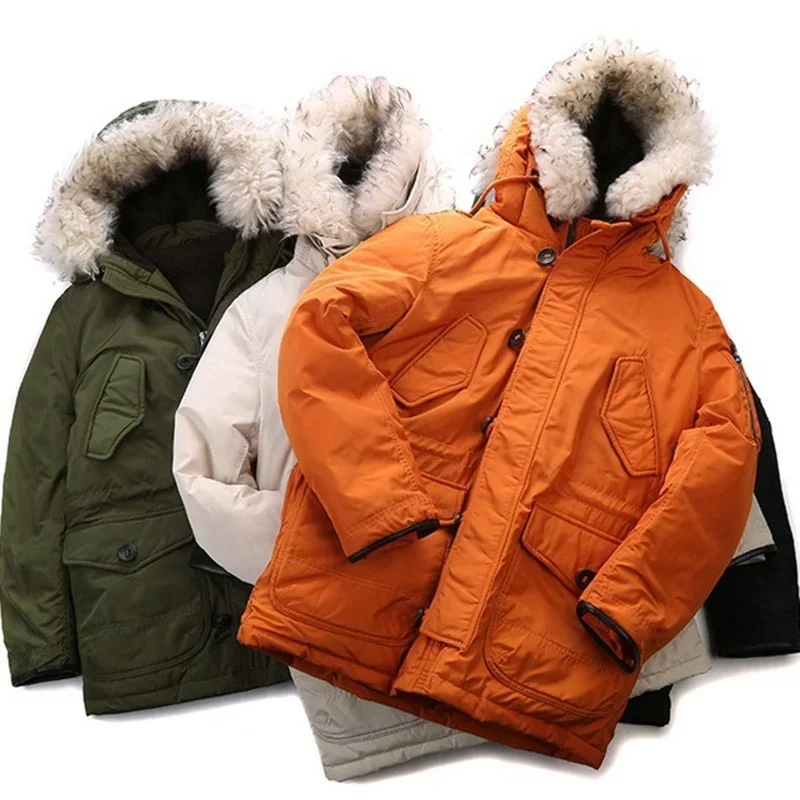 Winter Thickened White Duck Down Men's Medium And Long Warm Coat Large Wool Collar Cotton Parka Outdoor Hiking Storm Suit