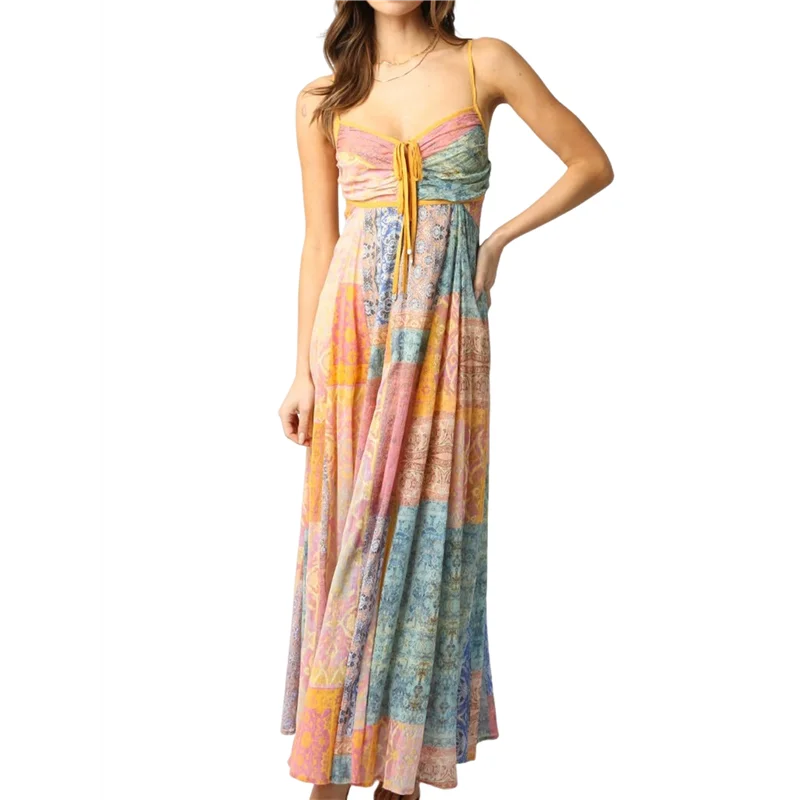 【】Women Floral Smocked Maxi Dress Bow-Knot Spaghetti Straps Midi Sun Dress Boho Casual Beach Long Dresse