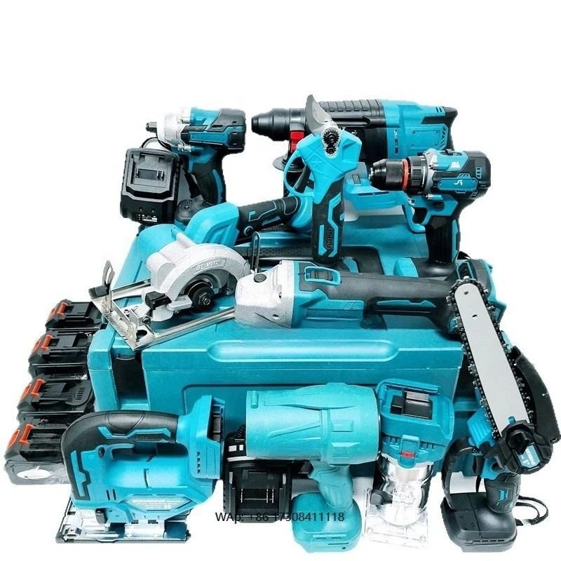 

18Pcs Lithium Battery Powered Electric Tool Set Includes Hammer Angle Grinder Drill Hot Air Hair Dryer-Polished Finish Boxed