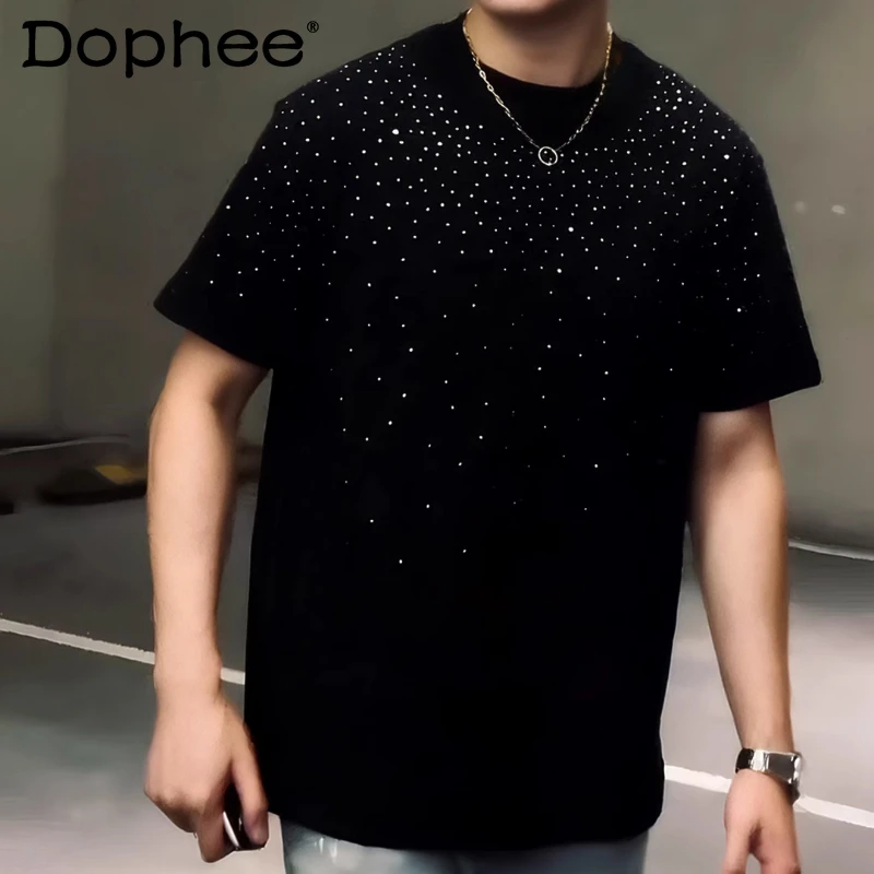 

Men's 2025 Summer New Trendy Starry Sky Hot Diamond Tees Male Round Neck Short-sleeve T-shirts Solid Color Fashion Men's Tops