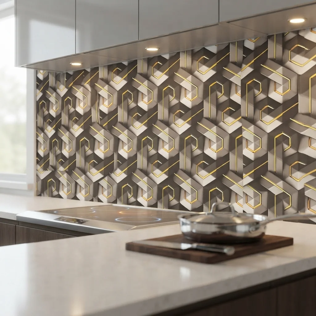 3D Grey Gold Geometric Cube Self-Adhesive Wallpaper, Peel & Stick Vinyl Contact Paper for Living Room Background Wall Decor