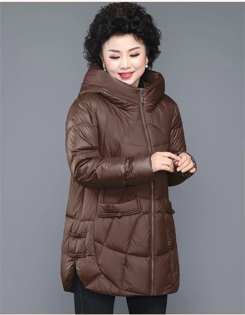 L-5XL Middle Aged Mother Winter Down Cotton Jacket New Bright Face Korean Quilted Coat Thicken Warm Grandma Snow Wear Parkas