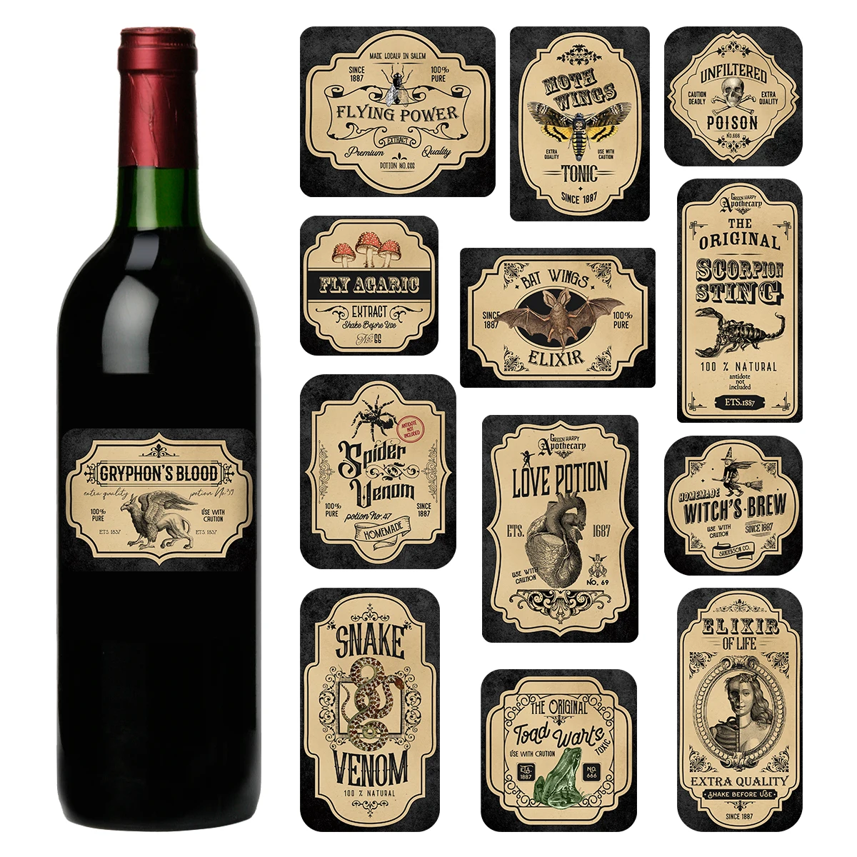 13pc/pack Halloween Apothecary Potion Labels for Bottle Jar,Vintage Apothecary Wine Bottle Stickers Halloween Party Decorations