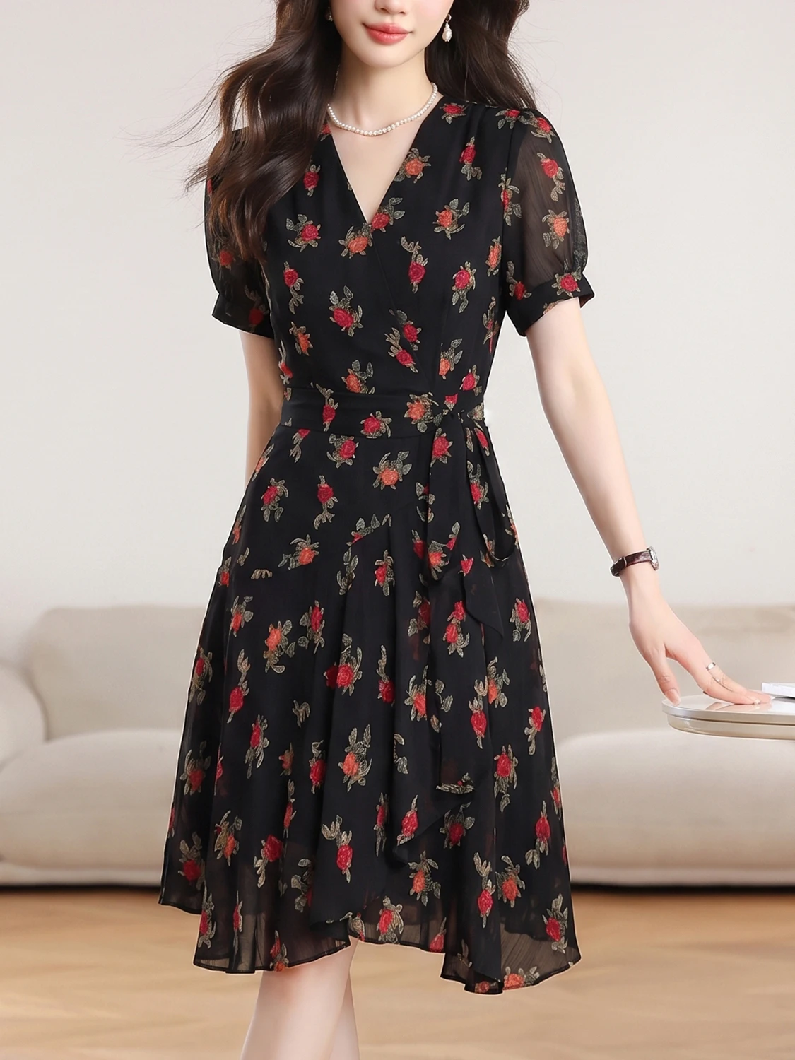 

Floral Print Chiffon Short Sleeve Women's Dress Waist Cinching A-Line Skirt Elegant Youthful Style Summer New Arrival
