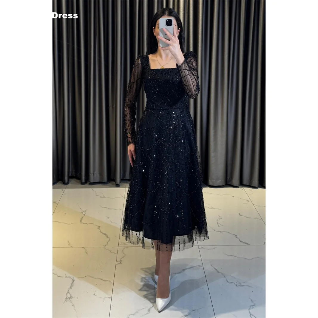 

Mina Customized Black Women Evening Dress Sequins. Long Sleeves Womens Dresses for Special Occasions Beads Tea Chief Party Prom