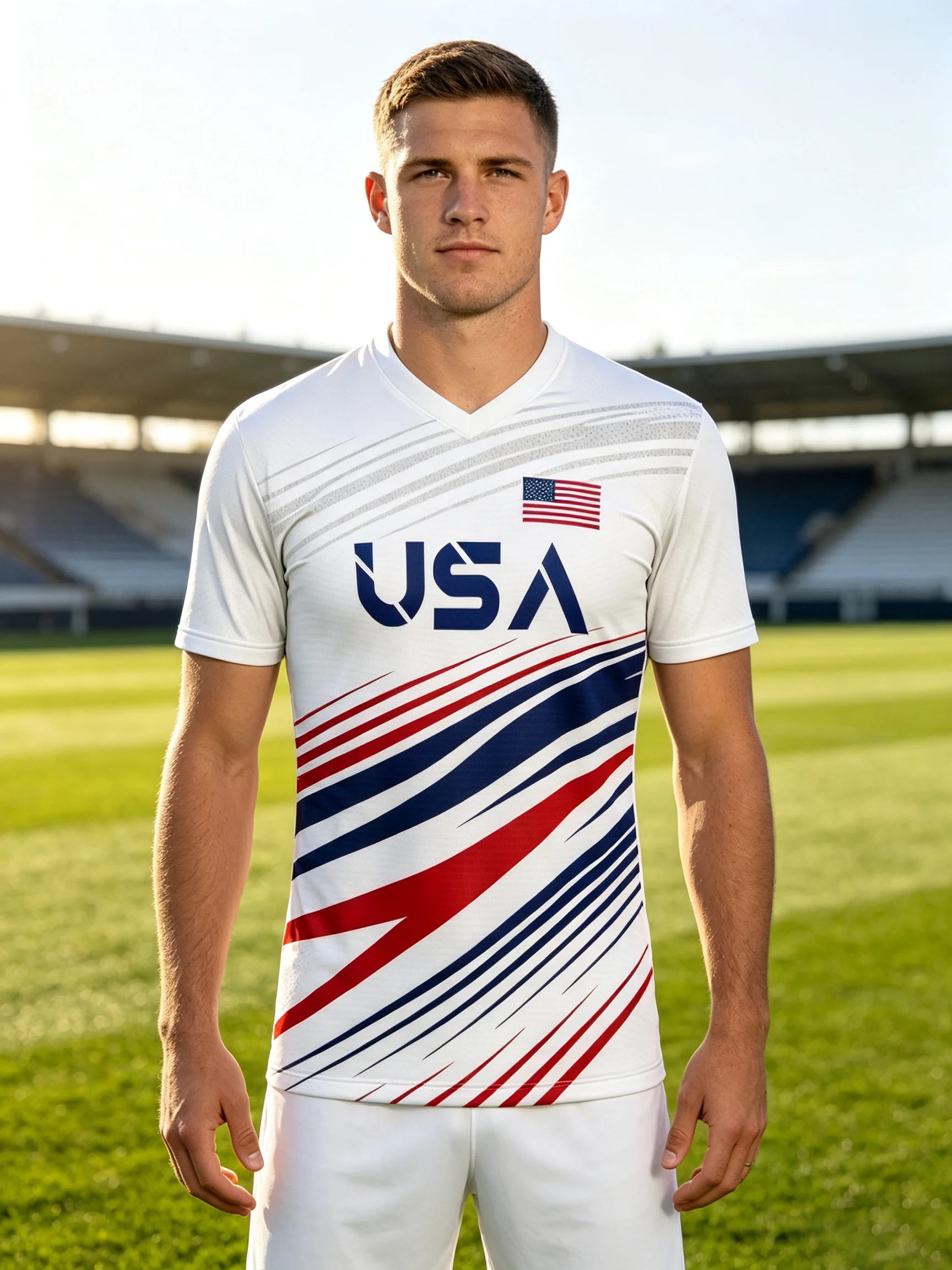 2026 USA soccer jersey with wavy red‑white‑blue stripes, USA letter print, quick‑dry breathable fabric