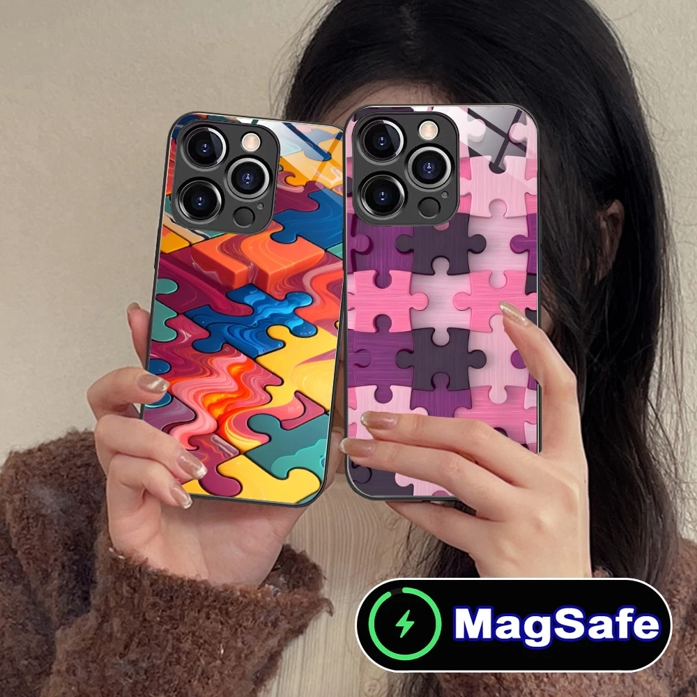 Puzzle Pretty Fashion Mobile Phone Case for iPhone 16 15 14 13 12 11 Pro Max Plus Mini MagSafe Wireless Charging Glass Cover