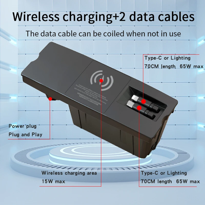 لأودي 2012-2018 A6 A7 شاحن سيارة لاسلكي ولاعة السجائر الفاصل كابل تليسكوبي للشحن السريع لسامسونج آيفون #2