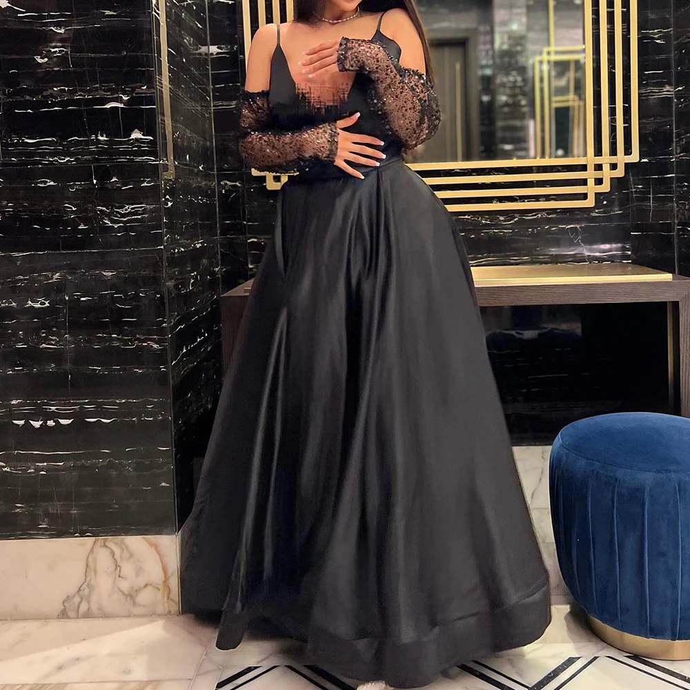

Customized Elegant Sequined Spaghetti Straps Satin Evening Dress Delicate A-Line Floor Length Square Neck Sleeveless Party Dress