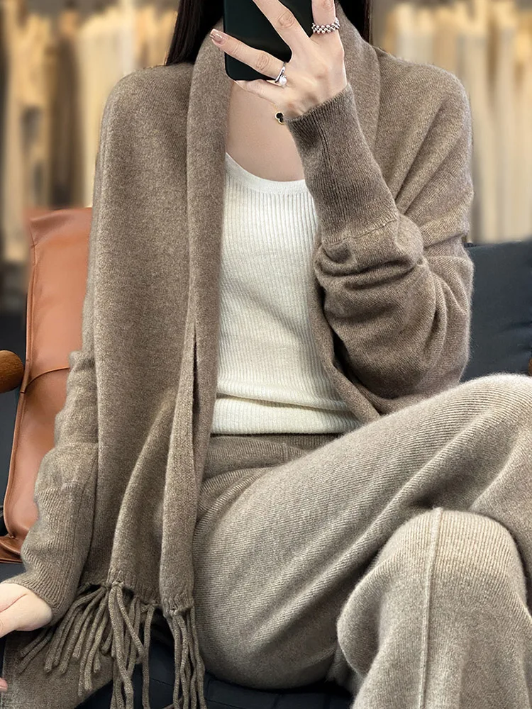 New Women's Tassel Cardigan Autumn Winter Cashmere Sweater 100% Merino Wool Knitwear Female Grace Solid Colour Warm Soft Cape