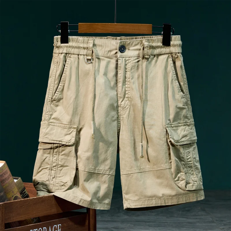 

Drawstring elastic waist design workwear shorts men's loose straight leg casual multi pocket five quarter pants