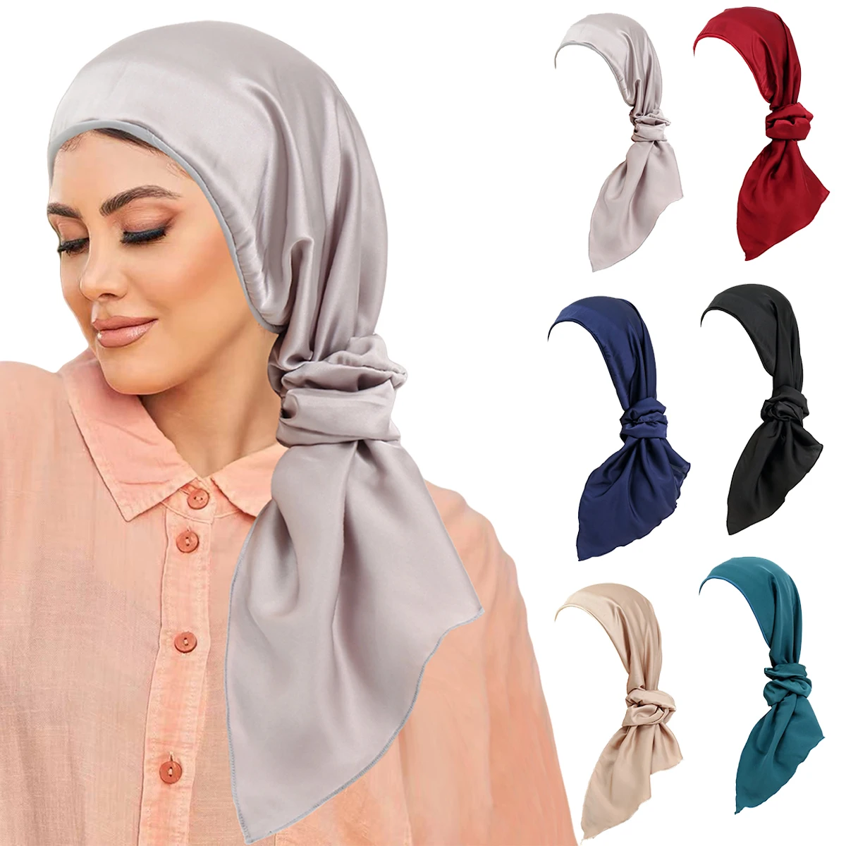 

Сплошной цвет, атласная женская шапка-тюрбан, мусульманский хиджаб, шарф на голову от рака, химиотерапия, шляпа от выпадения волос, головные уборы, банданы, шапки для повязки на голову