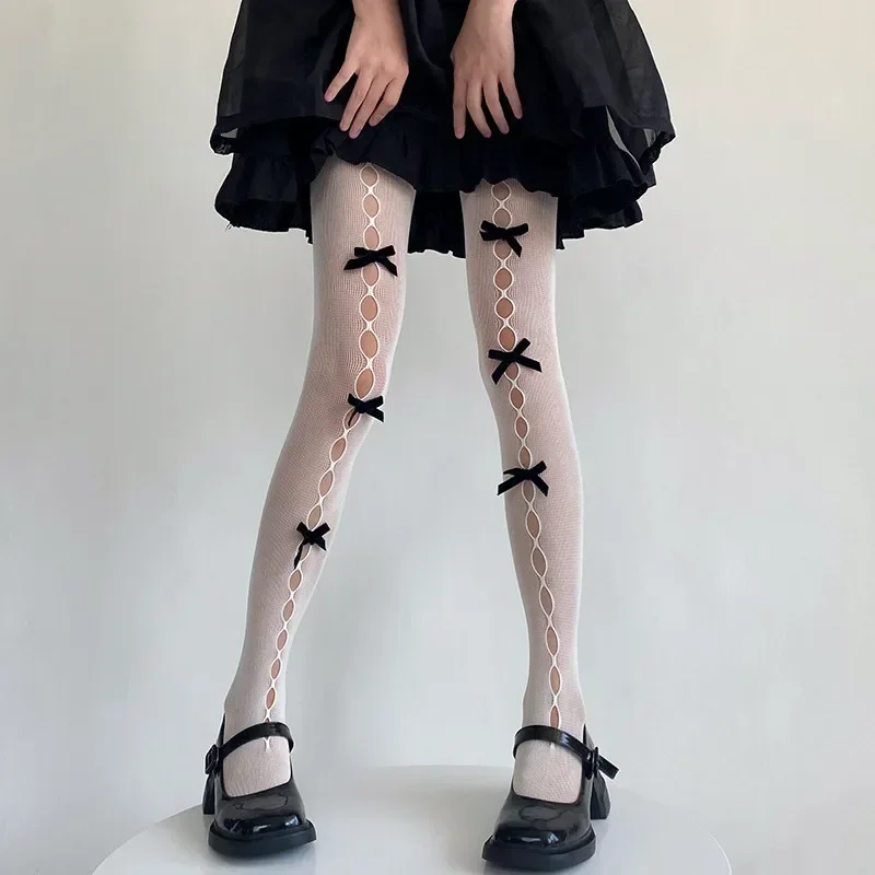Лолита, косплей, ажурные колготки с бантом для девочек, сексуальные тонкие кружевные колготки Ins Tide, носки в стиле аниме, черно-белые ажурные шелковые чулки