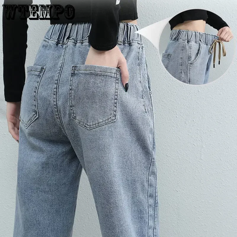 Wtempo Denim Harem Broek Vintage Elastische Hoge Taille Jeans Vrouwen Casual Enkel Lengte Jeans Herfst Nieuwe Cowboy Lange Broek Streetwear