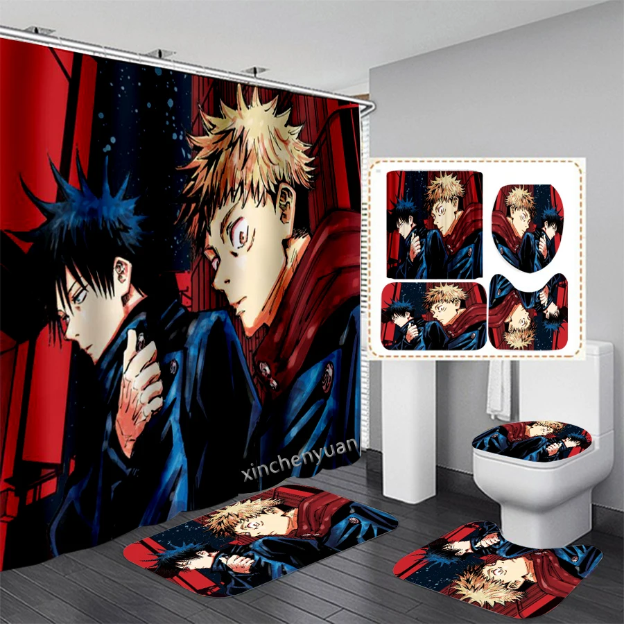 phechion Anime Jujutsu Kaisen 3D Print Waterproof Bathroom Shower Curtain Toilet Cover Mat Non-Slip Floor Mat (1/3/4Pcs) W41