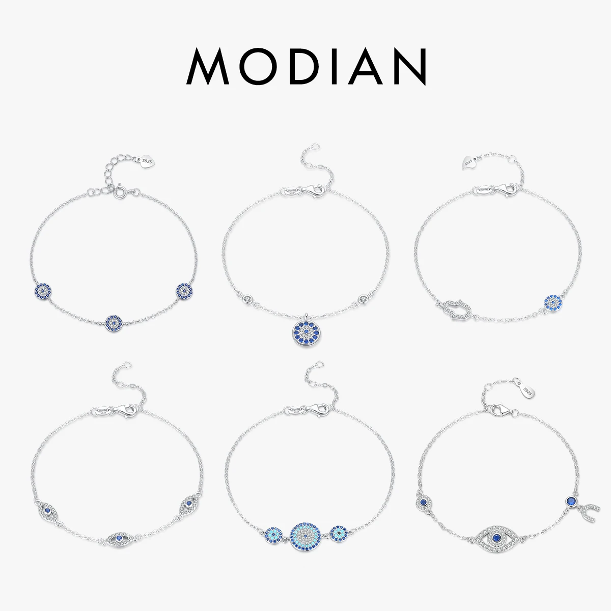 MODIAN Pure 925 Sterling Silver Luxury Turquoise Blue Eyes Clear Cubic Zircon Crystal Link Chain Bracelet For Women Fine Jewelry