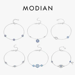 MODIAN Pure 925 Sterling Silver Luxury Turquoise Blue Eyes Clear Cubic Zircon Crystal Link Chain Bracelet For Women Fine Jewelry