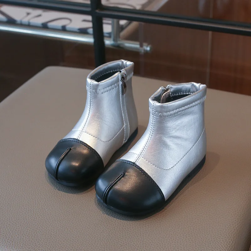 Girls Ankle Boots Kids Zip Shoes Flat 2026 Autumn new Baby Children Soft Shoe Footwear 22-31 Black Sliver