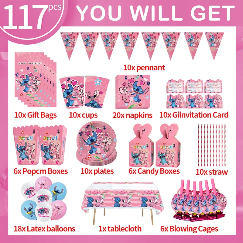 Disney Stitch Birthday Party Decoration Supplies Set Cartoon Pink Angel Tableware Paper Napkins Plates Cups Happy Birthday Kits