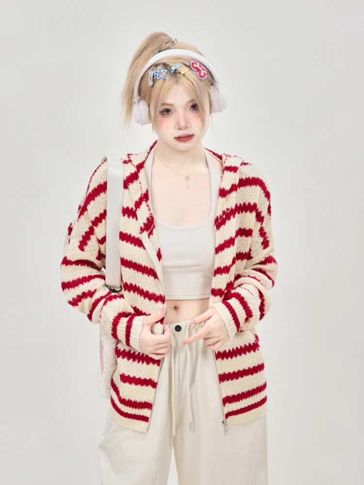 Cardigan con cerniera adorabile Donna Orecchie di coniglio Stripe Vestibilità ampia Morbido e confortevole Autunno Kawaii Y2k Cappotto semplice con