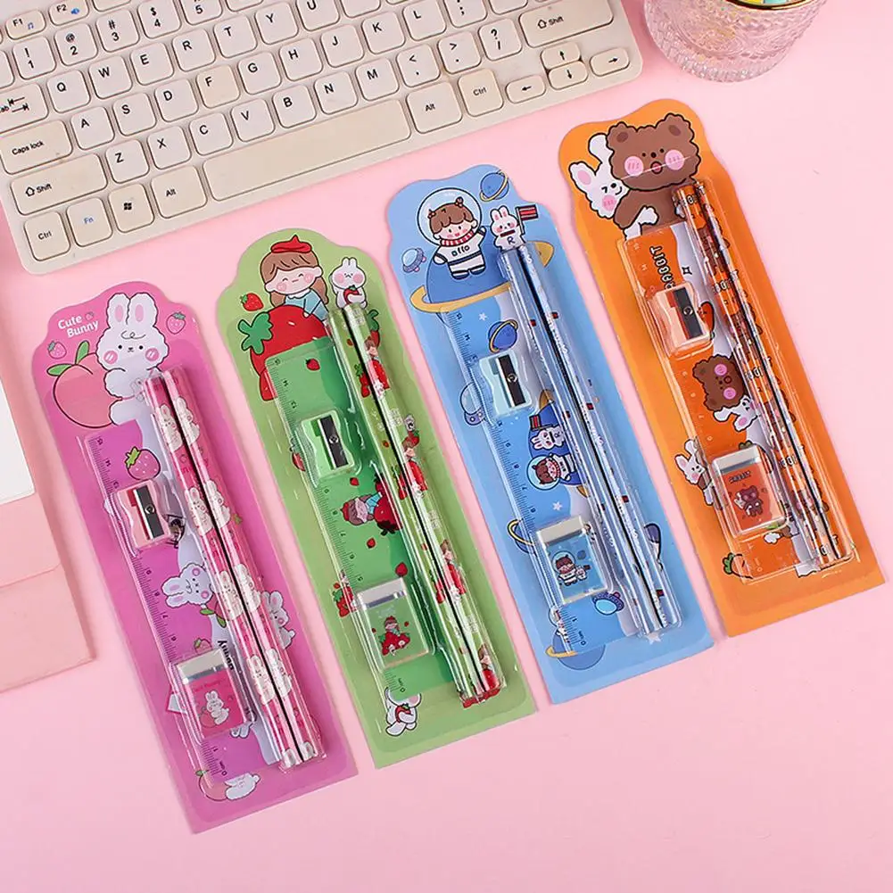 5pcs/set Cute Cartoon Pencil Set Pencil Sharpener Ruler Eraser Pencil Children School Supplies Set For Gifts