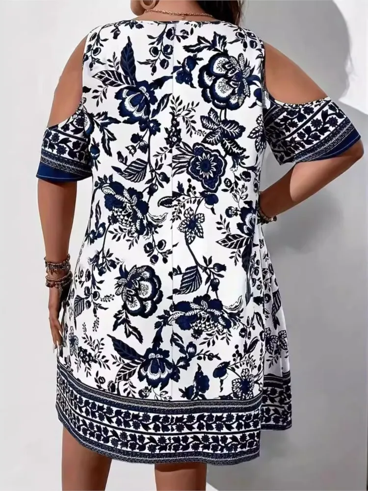 Vestido corto con estampado Floral para mujer, minivestido holgado con volantes, hombros descubiertos, talla grande, Verano