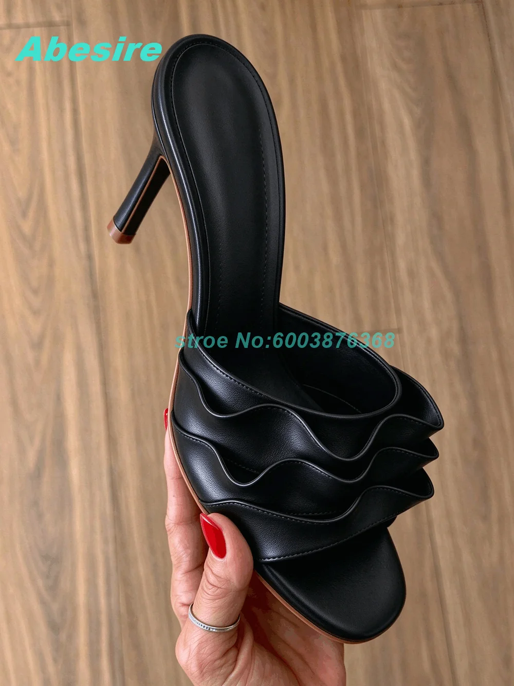 Romantic Red Ruffle Stiletto Heels Mules Women Wavy Edge Peep Toe Slip On Slippers Summer Elegant Party Fashion Show Shoes