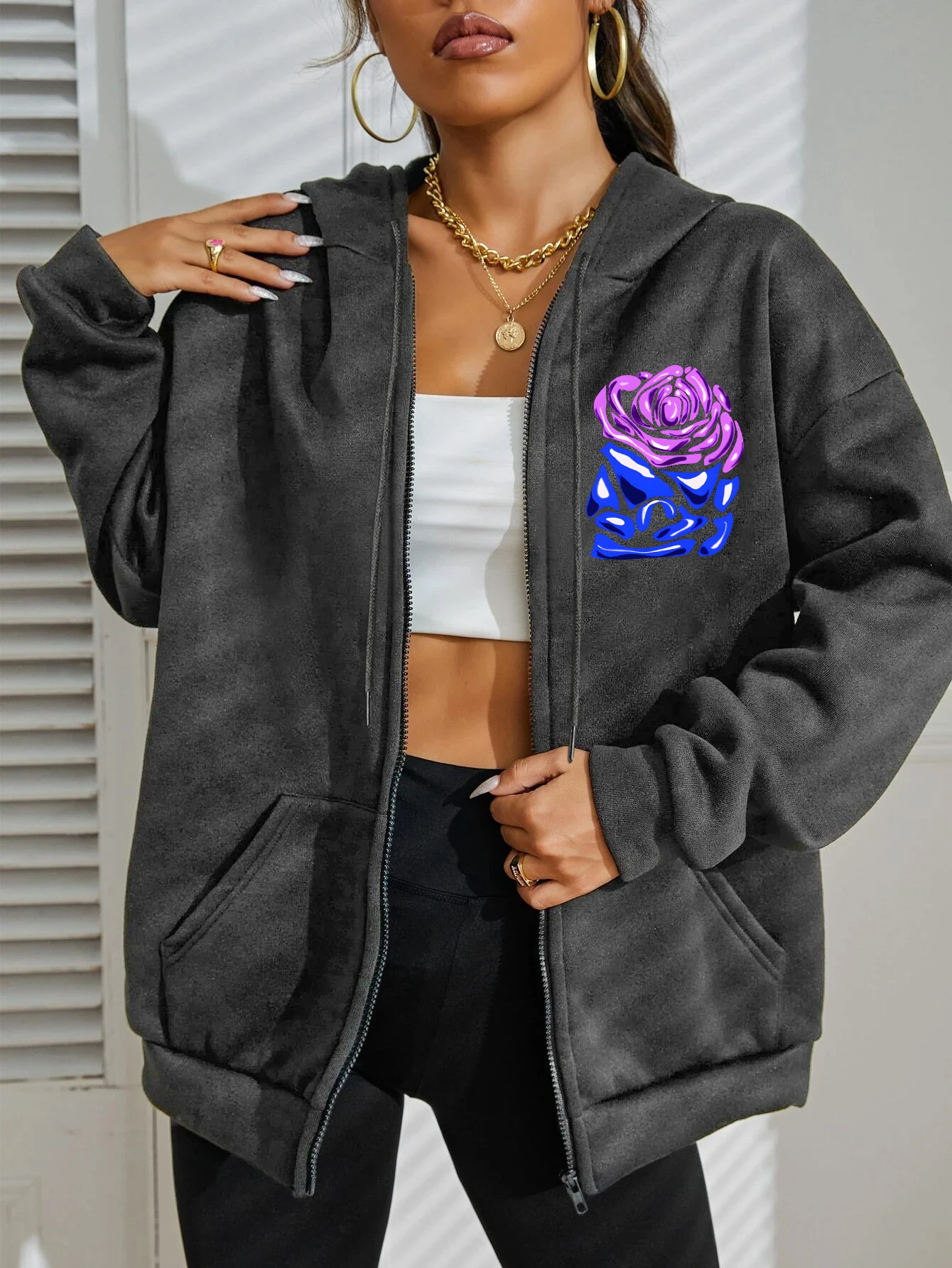 Cool Purple Creative Wings Rose Print Women Zipper Hoody Fashion Loose Sportswear Casual Fleece Hoodie Autumn Hip Hop Tracksuit