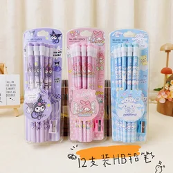 Kids Sanrio Kuromi Melody Student Supplies HB Writing Pen Eraser Kindergarten Beginners 12 Piece Pencil Stationery Cinnamoroll